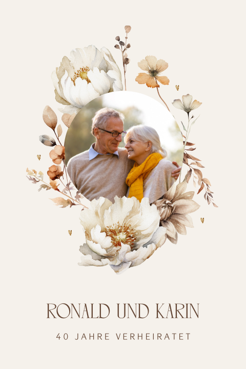 Florale Einladung zur Rubinhochzeit mit großen Blüten und eigenem Foto