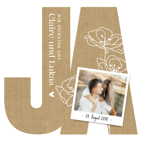 Hochzeitseinladung "JA“ mit Kraft-Look und Hochglanzfoto