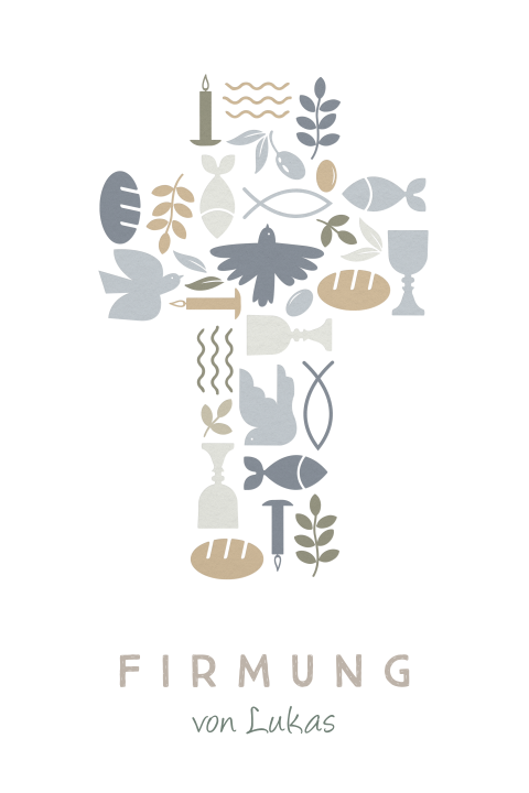Coole Einladungskarte zur Firmung mit Kreuz in blau und braun und Foto