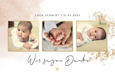 Dankeskarte zur Geburt mit Fotos und Goldflecken