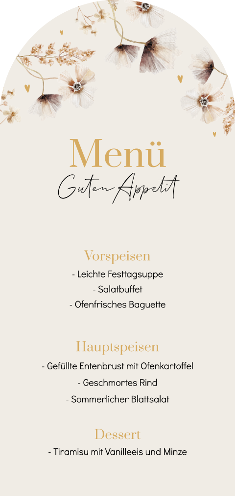 Hübsche Menükarte in Halbbogenform mit Blumen