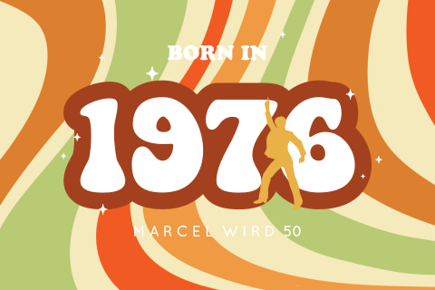 Einladung zum 50. Geburtstag 70er-Jahre-Look mit buntem Muster