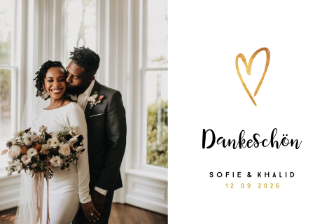 Dankeskarte für Hochzeit mit goldenem Herz und Foto
