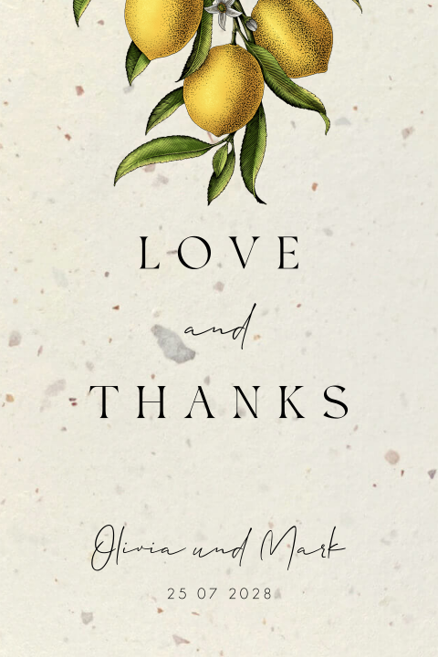 Rustikale Dankeskarte zur Hochzeit mit Zitronenzweigen und Blüten