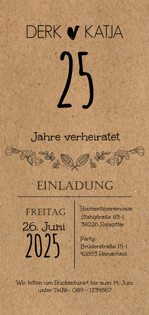 Einladung zur Silberhochzeit mit Herzen und Kraftpapier-Look