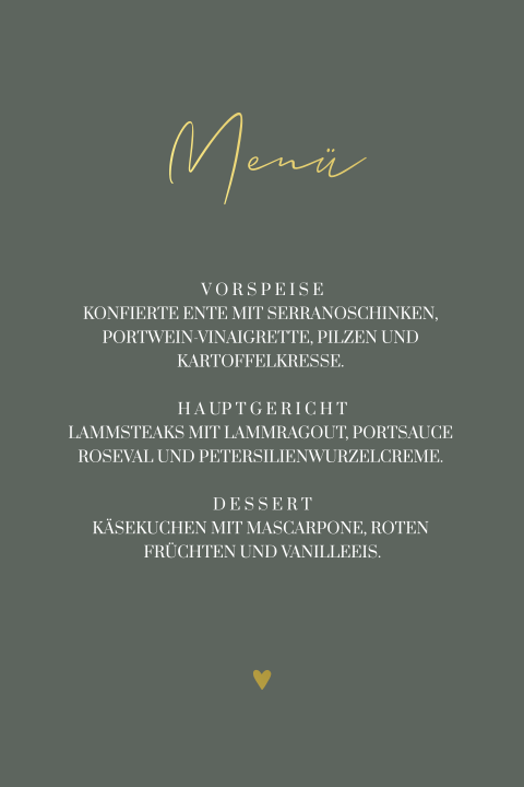 Elegante Menükarte mit goldenem Schriftzug und Herzchen