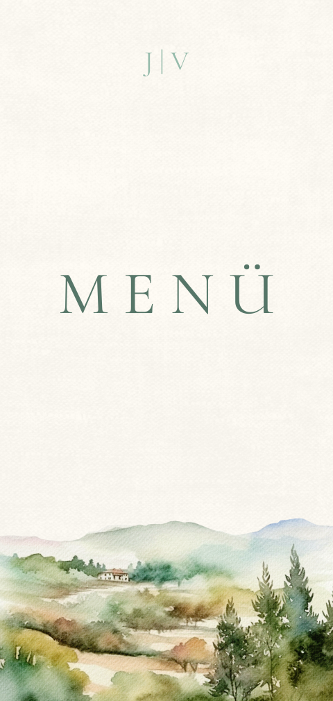 Menükarte mit Aquarell Zeichnung von mediterraner Landschaft