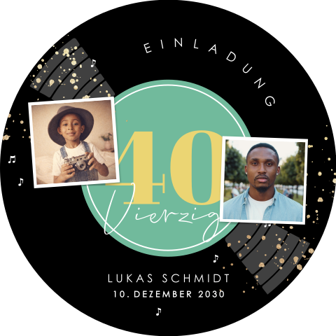 Einladung zum 40. Geburtstag in Form einer Schallplatte mit Fotos