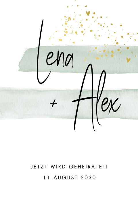 Kunstvolle Hochzeitskarte mit Goldtupfern und Wasserfarben