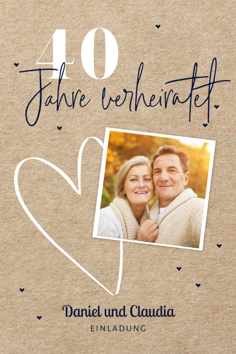 Einladung zum 40-jährigen Jubiläum mit Foto und Herz auf Kraft-Look