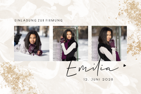 Verspielte Einladung zur Firmung mit Fotos und Goldspritzern