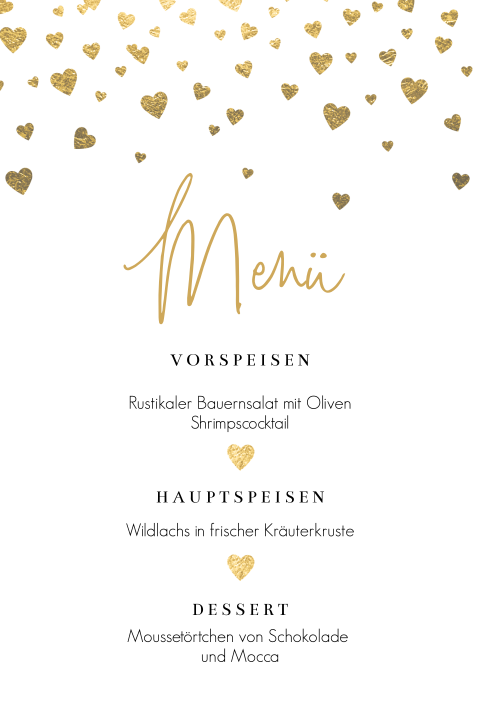 Romantische Menükarte mit goldenen Herzen
