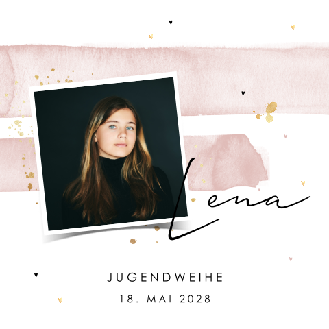 Moderne Einladung zur Jugendweihe mit Foto und rosa Aquarell Strichen