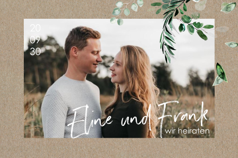 Florale Hochzeitskarte mit Kraftlook und Paarfoto