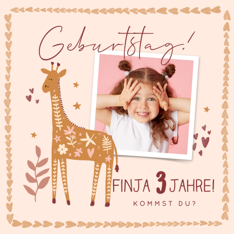 Einladung zum Kindergeburtstag mit Giraffe und Foto