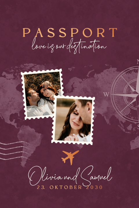 Reisepass-Hochzeitskarte rot mit Weltkarte, Fotos und Mattgoldfolie