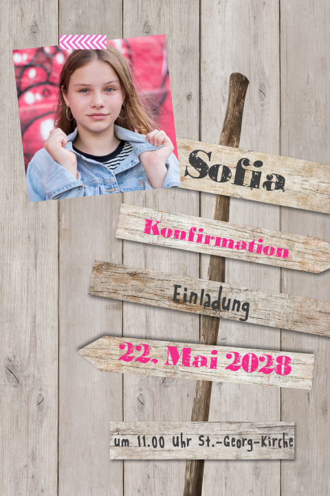 Einladung zur Konfirmation mit hölzernem Strandpfosten und Foto