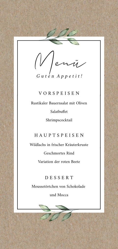 Kraftpapier-Menükarte mit Rahmen und grünen Zweigen