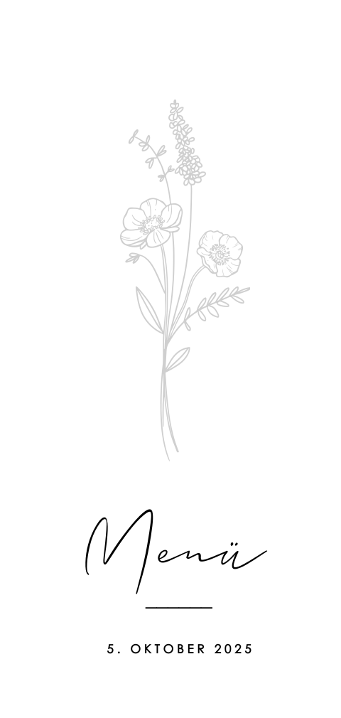 Menükarte in Halbbogenform mit Blumen und Zierschrift