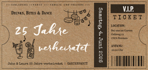 Einladung Silberhochzeit Gartenparty in VIP Ticketform im Kraftlook