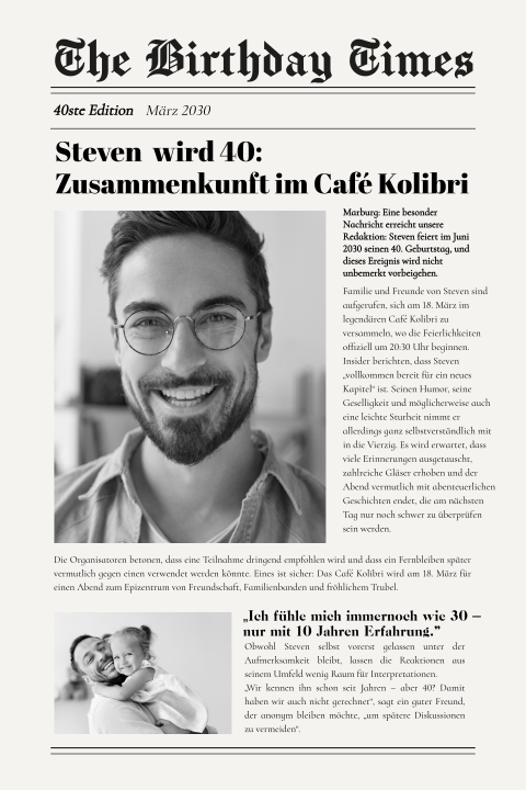 Einladung zum 40. Geburtstag im Zeitungslook mit Fotos