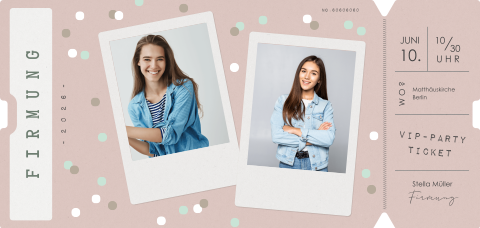 Einladung zur Firmung mit zwei Fotos im rosa Ticketstil