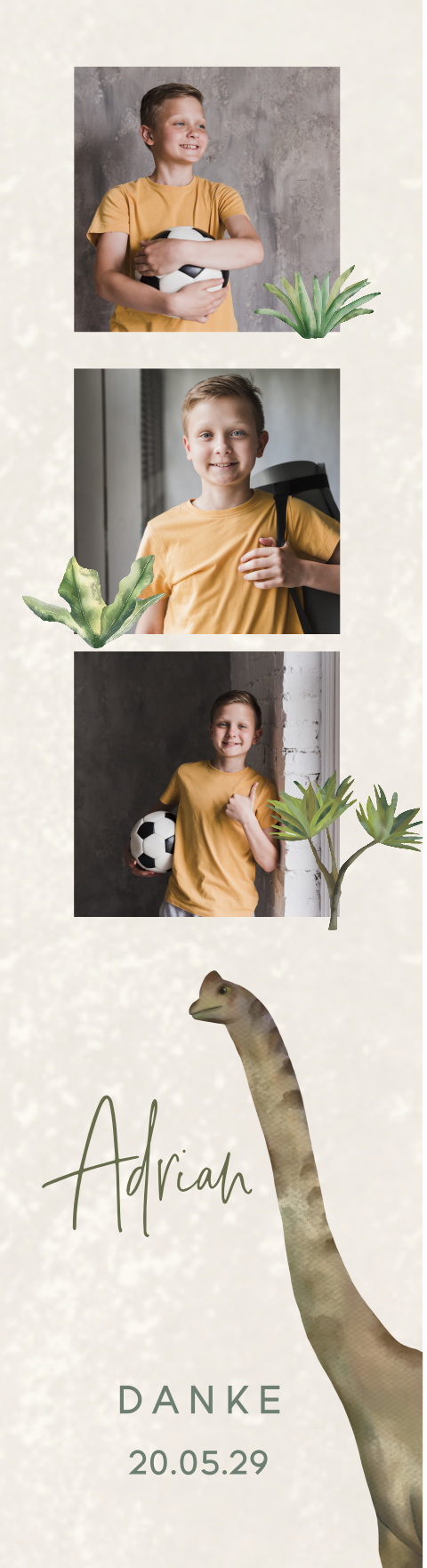 Lesezeichen Dankeskarte Kommunion mit Foto und Dino 4 Stück