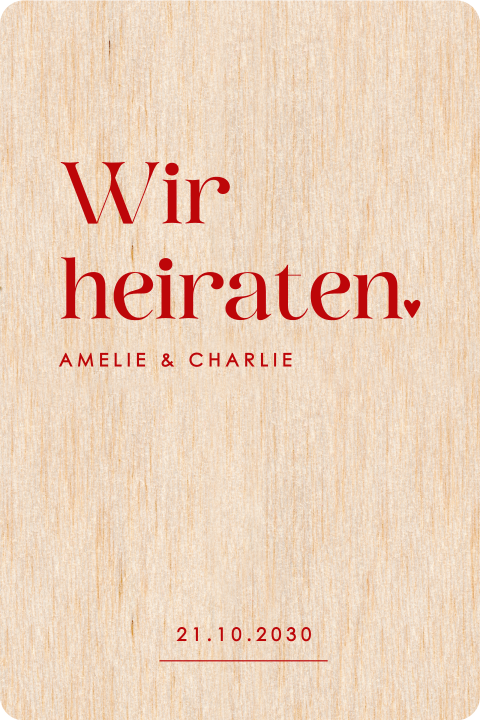 Echtholz Hochzeitseinladung mit roter Typografie