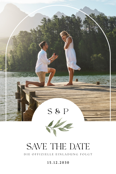 Stilvolle Save the Date Karte mit Foto in Bogenform und Aquarell-Zweig