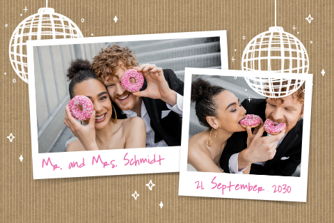 Magnetische Dankeskarte zur Hochzeit im Kraft-Look mit Discokugeln und Fotos