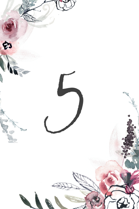Karte mit Tischnummer mit Blumen im Aquarell-Look