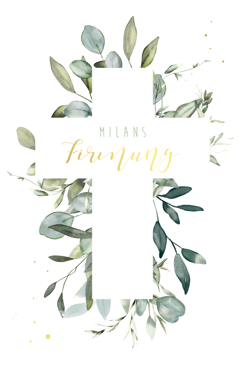 Einladung zur Firmung mit Eykalyptus in Form eines Kreuzes
