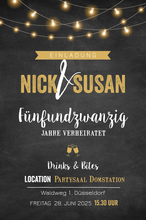 Moderne Einladung zur Silberhochzeit in Schwarz Gold