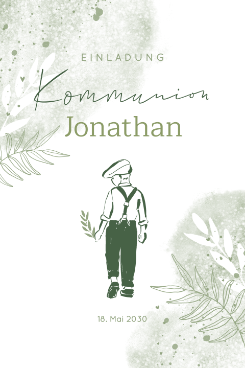Grüne Einladung zur Kommunion mit Aquarell und Illustration Jungen