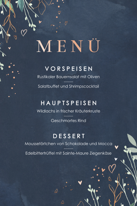 Schicke dunkelblaue Menükarte mit Roségoldfolie