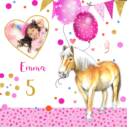 Kindereinladung mit Foto, Pferd und Luftballonen