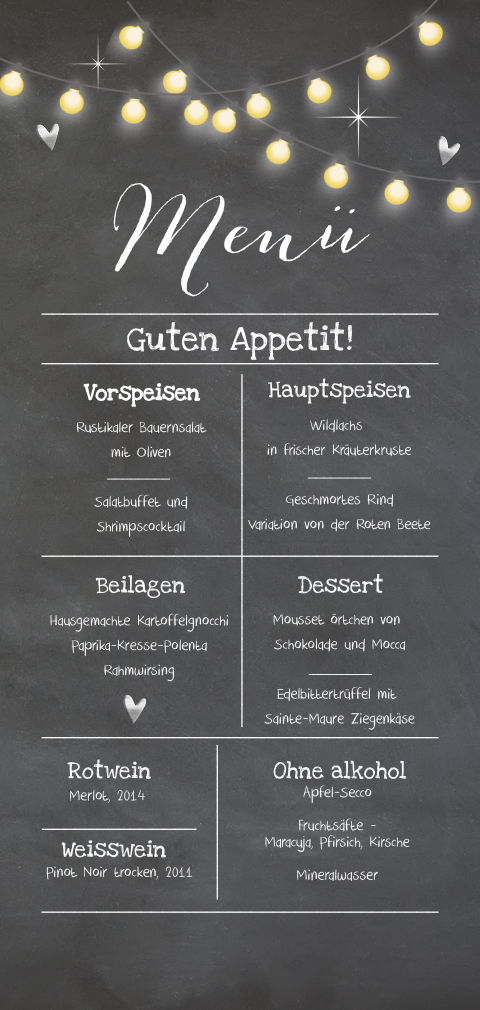 Menükarte mit Herzen und Lampengirlanden