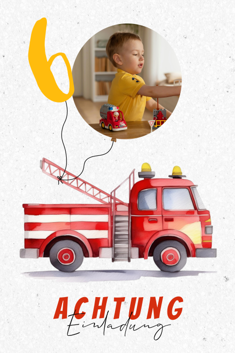 Geburtstagseinladung einfach mit Feuerwehrauto und Foto