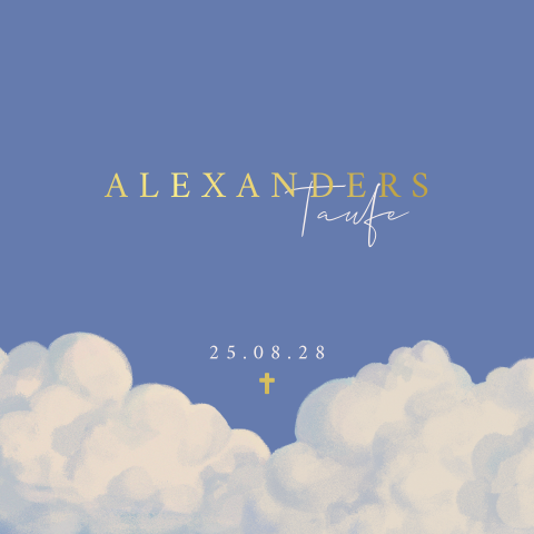 Taufkarte mit Wolken, Kreuz und Goldfolie