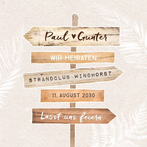 Quadratische Hochzeitseinladung "Sand" mit Wegweiser und Foto