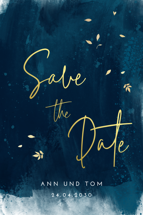 Stilvolle Save-the-date Karte mit Goldschrift auf aquarellblau