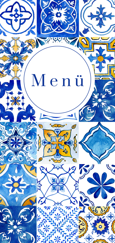 Romantische Menükarte mit blauen Fliesen im Portugal-Look