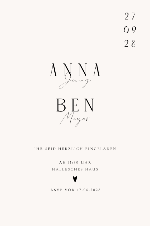 Klassische Hochzeitseinladung mit Herz und kunstvoller Schrift