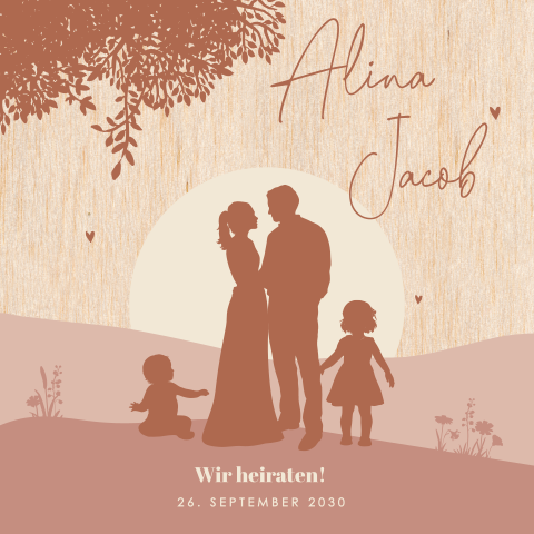 Hochzeitskarte aus Holz mit Familiensilhouette