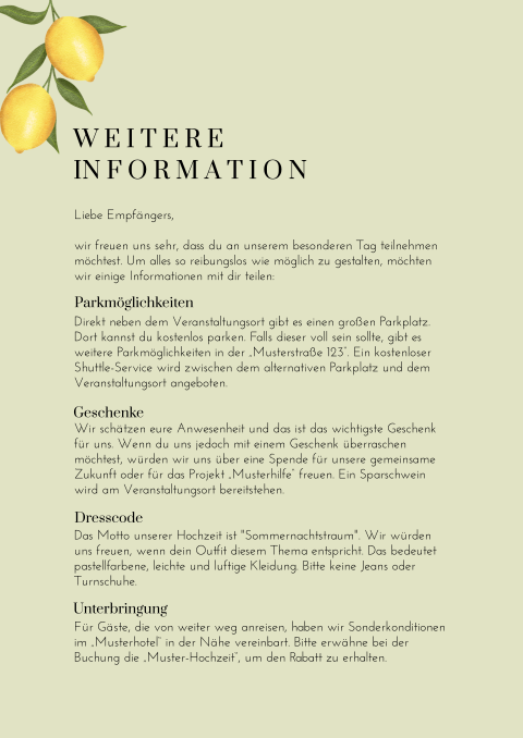 Einlegeblatt Hochzeit A4 mit Zitronen