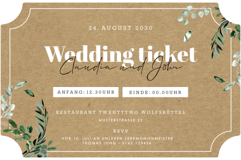 Stilvolle Ticket Einladung zur Hochzeit im Kraftlook mit Eukalyptus