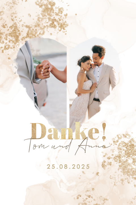 Dankeskarte mit Fotocollage in Herzform und goldenem Print