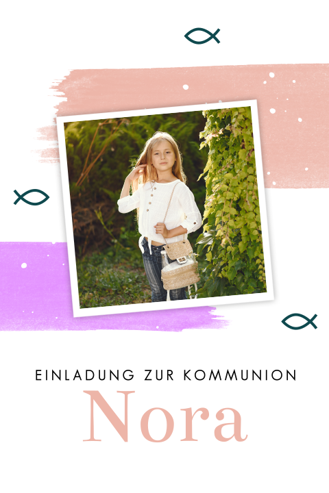 Hippe Einladung zur Erstkommunion mit Ichthys, Farbstreifen und Fotos