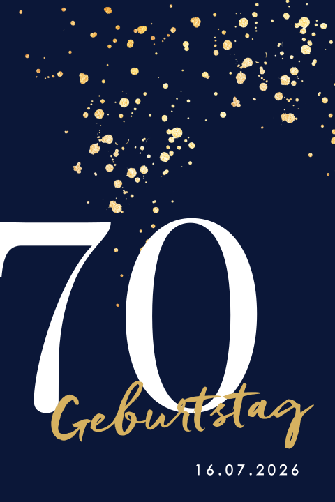 Blaue Einladung zum 70. Geburtstag mit goldgelben Farbklecksen