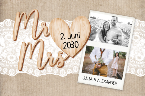 Stilvolle Hochzeitseinladung mit Holzdesign, Spitze und Fotos